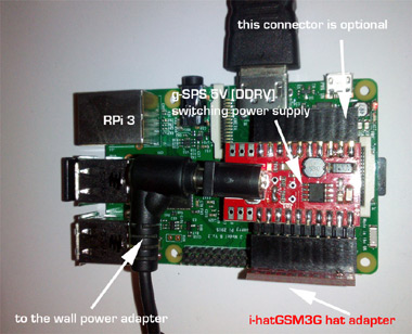 g-SPS 5V [LiPOL] switching power supply interfaced with i-hatGSM3G powering Raspberry PI 3
