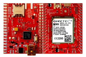 low power ARM0 shield equipped w. Quectel M95FA - GSM / GPRS modem global version - Arduino compatible, both sides view, 300px * xyz-mIoT v. 2.09